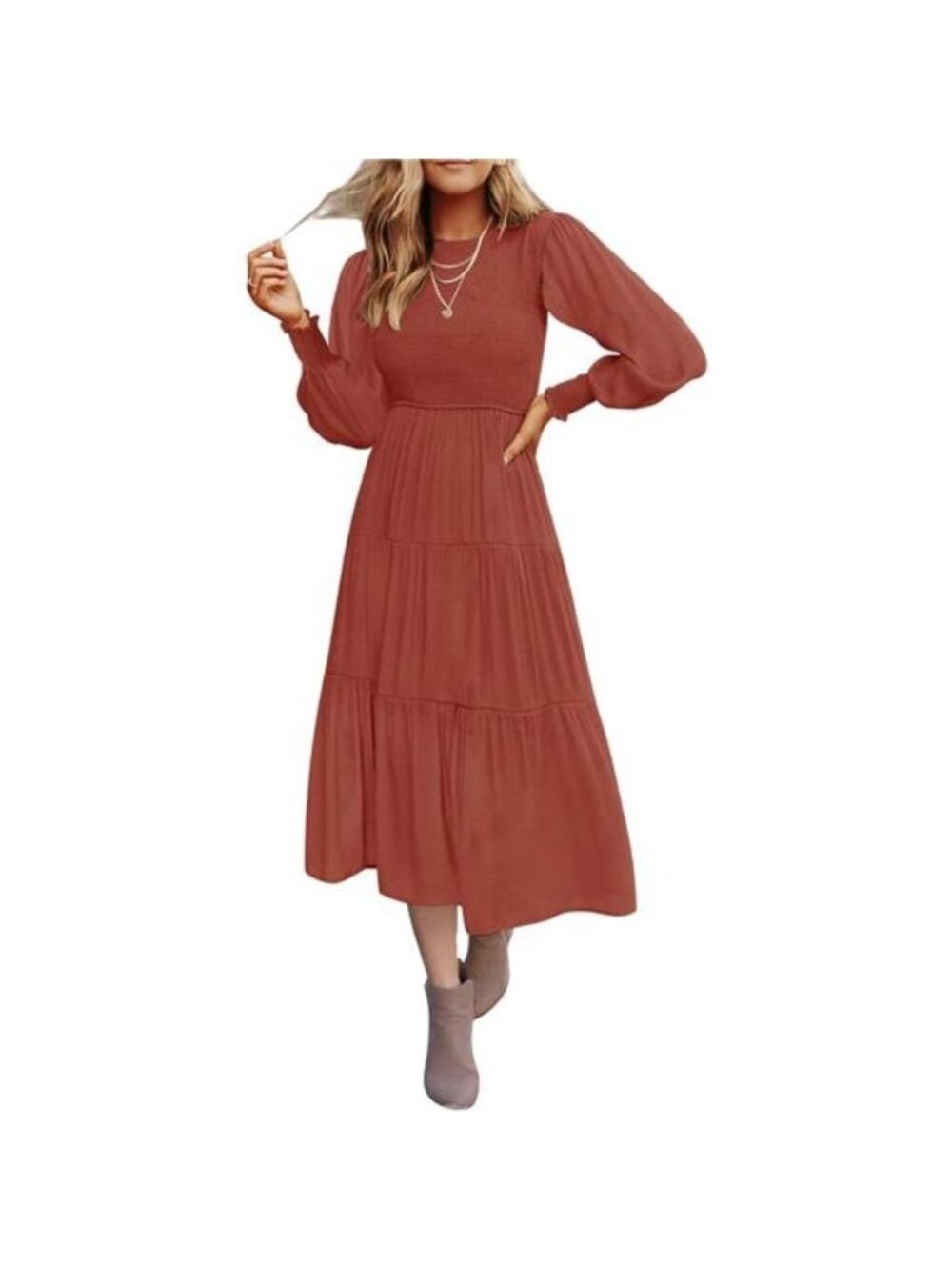Women's Long Sleeve Crew Neck High Waist Smocked Flowy Tiered Midi Dress